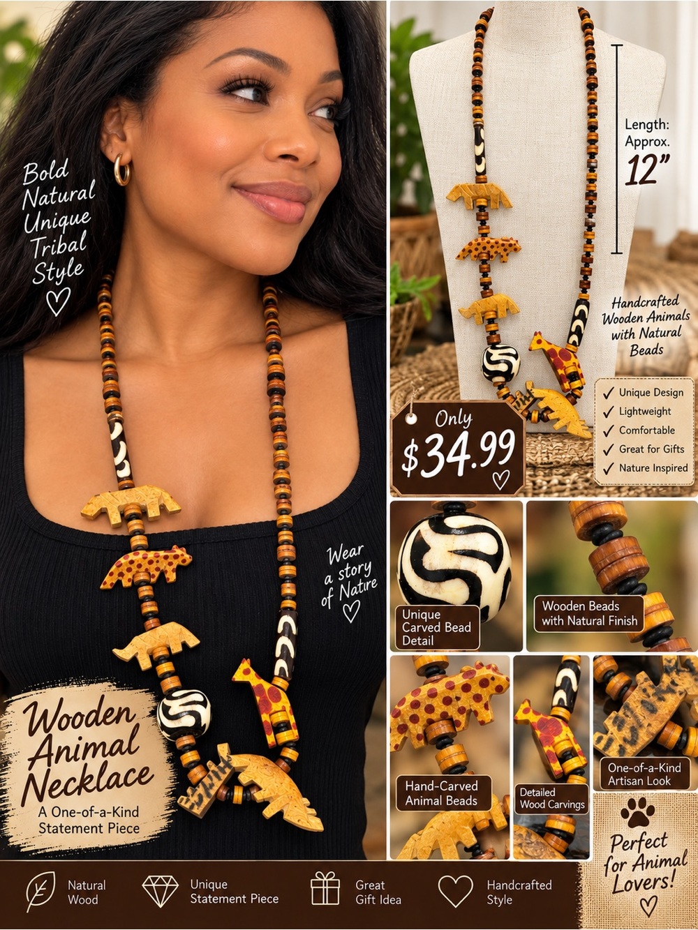 Hand-Carved Wooden Animal Necklace - Brown/Gold Tribal Statement